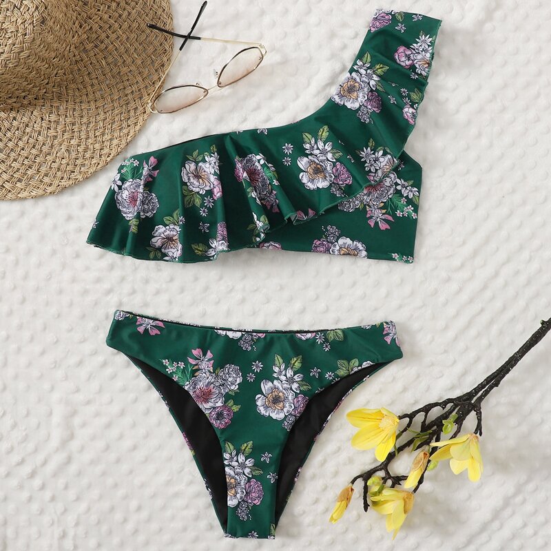 

Floral One Shoulder Ruffle Bikini Swimsuit, Green
