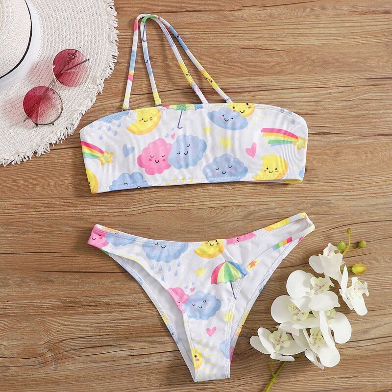 

Cartoon Print Asymmetrical Neck Bikini Swimsuit, Multicolor