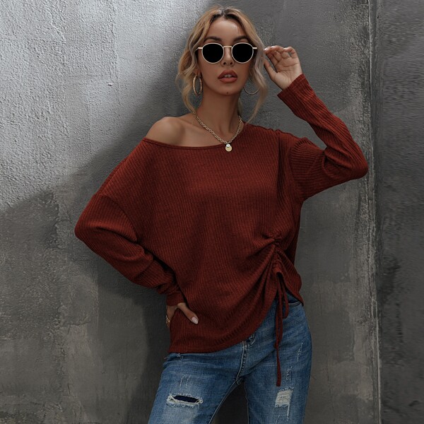 

Drawstring Ruched Rib-knit Drop Shoulder Tee, Rust brown