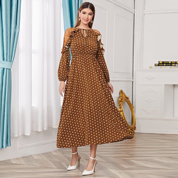 

Tie Neck Lace Shoulder Ruffle Trim Polka Dot Dress, Coffee brown