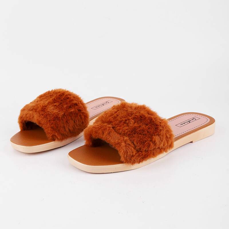 

Faux Fur Fluffy Slippers, Coffee brown