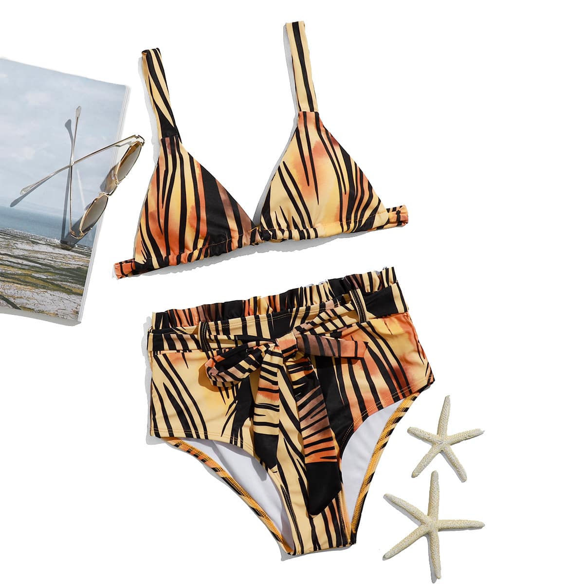 

Striped Belted High Waist Bikini Swimsuit, Multicolor