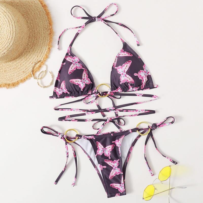 

Butterfly Print O-ring Linked Triangle Bikini Swimsuit, Multicolor