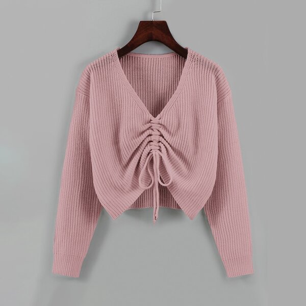 

Drawstring Front Drop Shoulder Sweater, Dusty pink