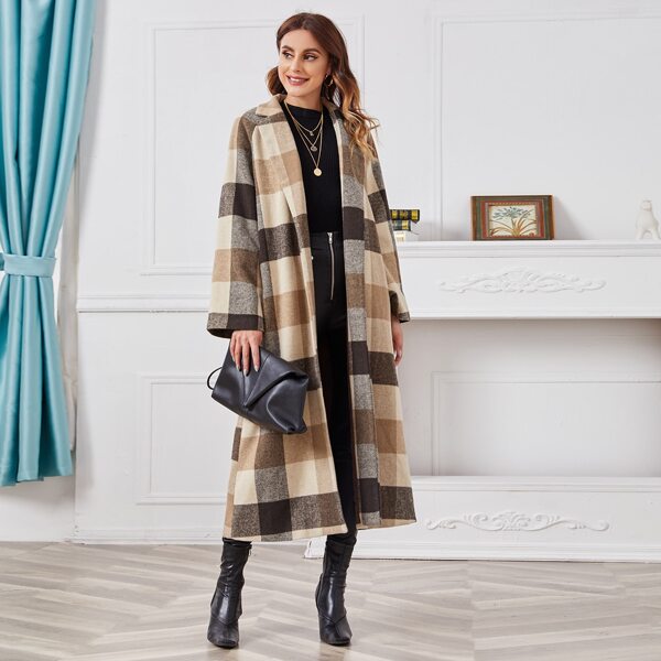 

Notch Collar Bell Sleeve Plaid Overcoat, Multicolor