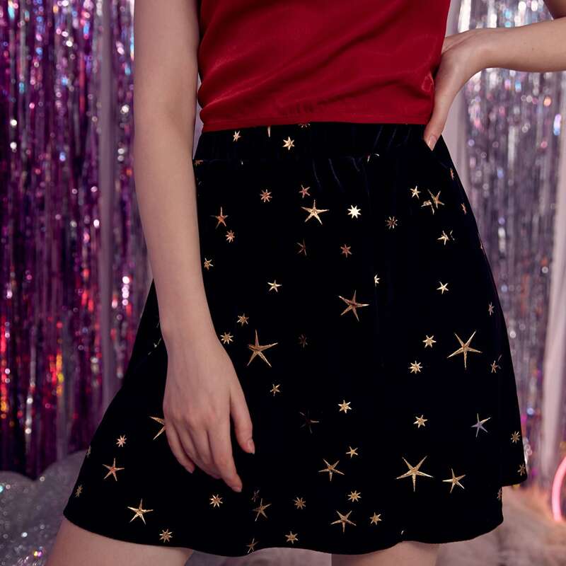 

Galaxy Print Velvet Skirt, Black