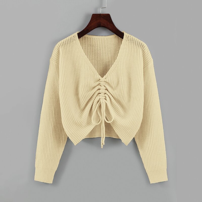 

Drawstring Front Drop Shoulder Sweater, Beige