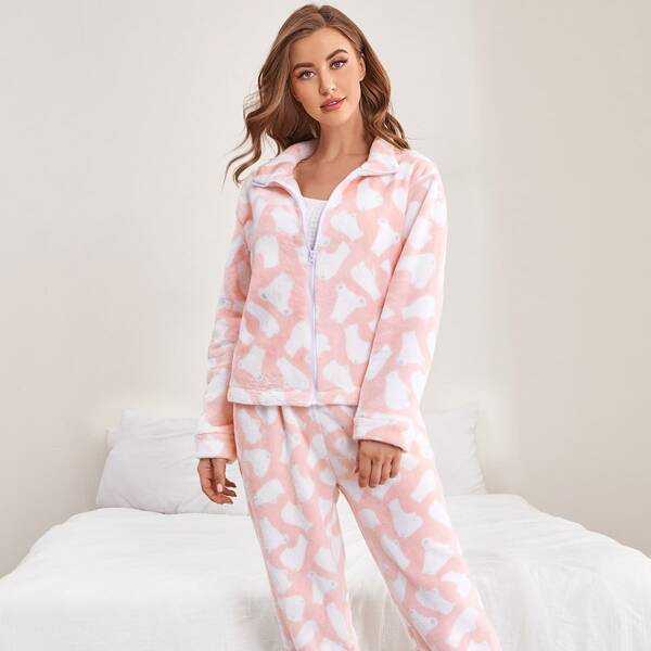

Allover Print Flannel Pajama Set, Baby pink