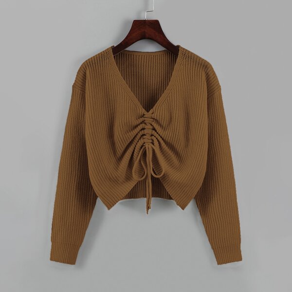 

Drawstring Front Drop Shoulder Sweater, Coffee brown