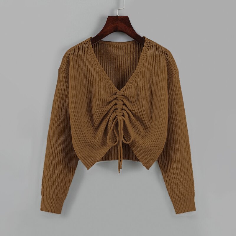 

Drawstring Front Drop Shoulder Sweater, Coffee brown