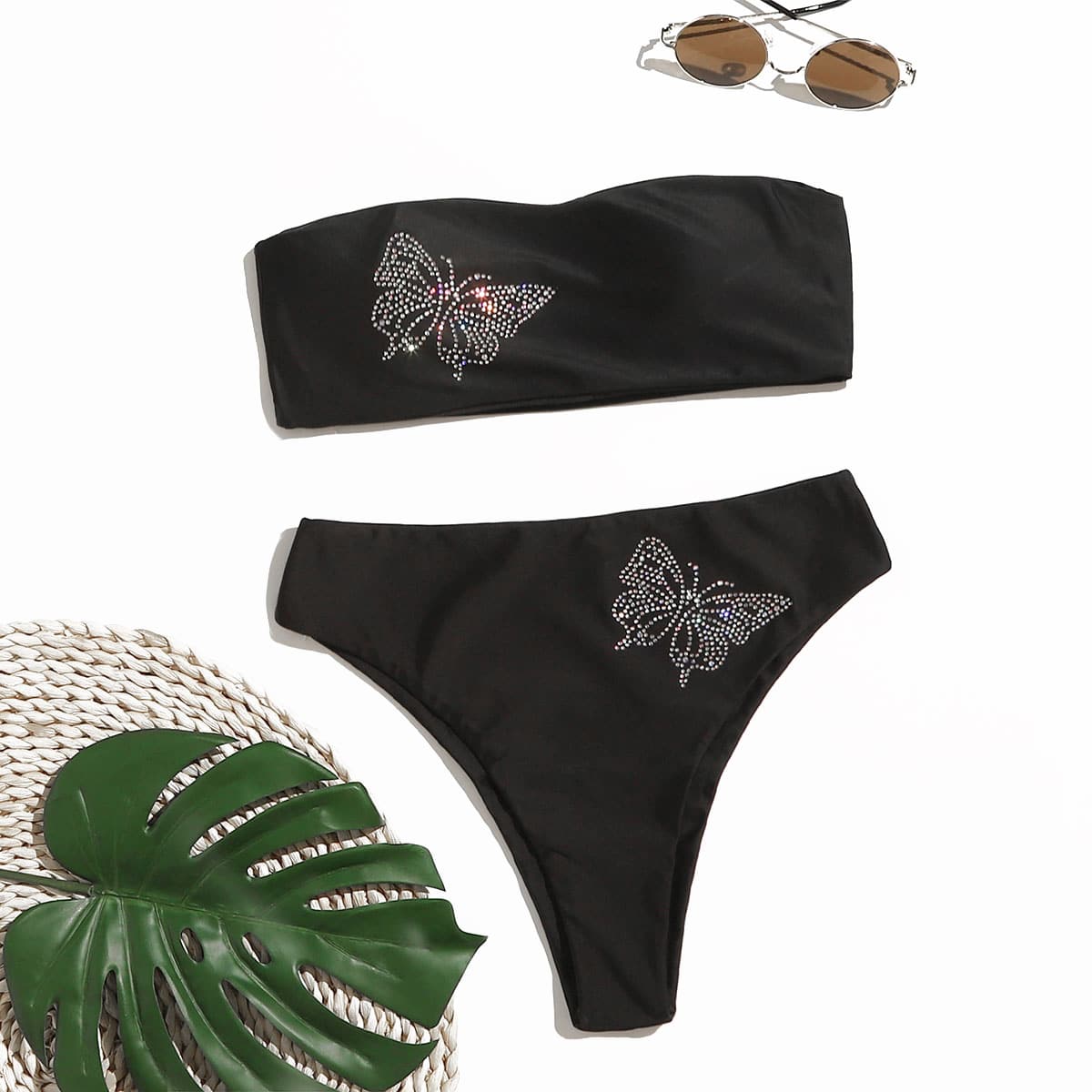 

Rhinestone Butterfly High Waist Bikini Swimsuit, Black