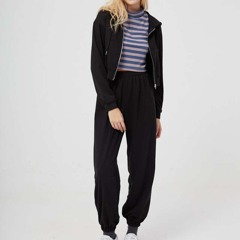

Solid Zip Drawstring Hoodie & Sweatpants, Black