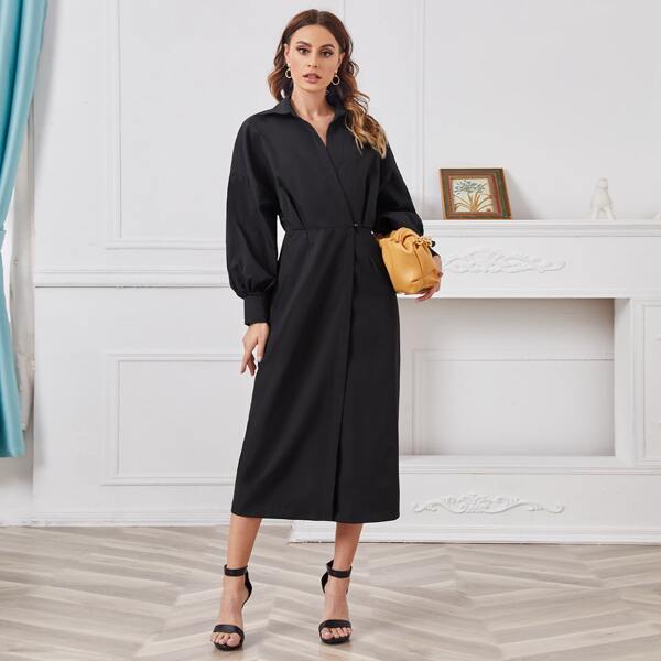 

Drop Shoulder Lantern Sleeve Shirt Dress, Black