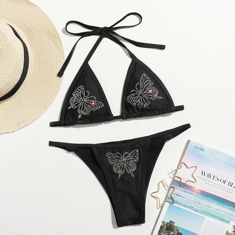 

Rhinestone Butterfly Triangle Bikini Swimsuit, Black