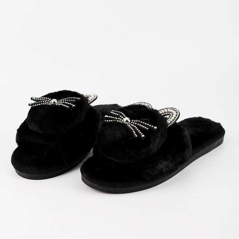 

Faux Pearl Cat Fluffy Slippers, Black