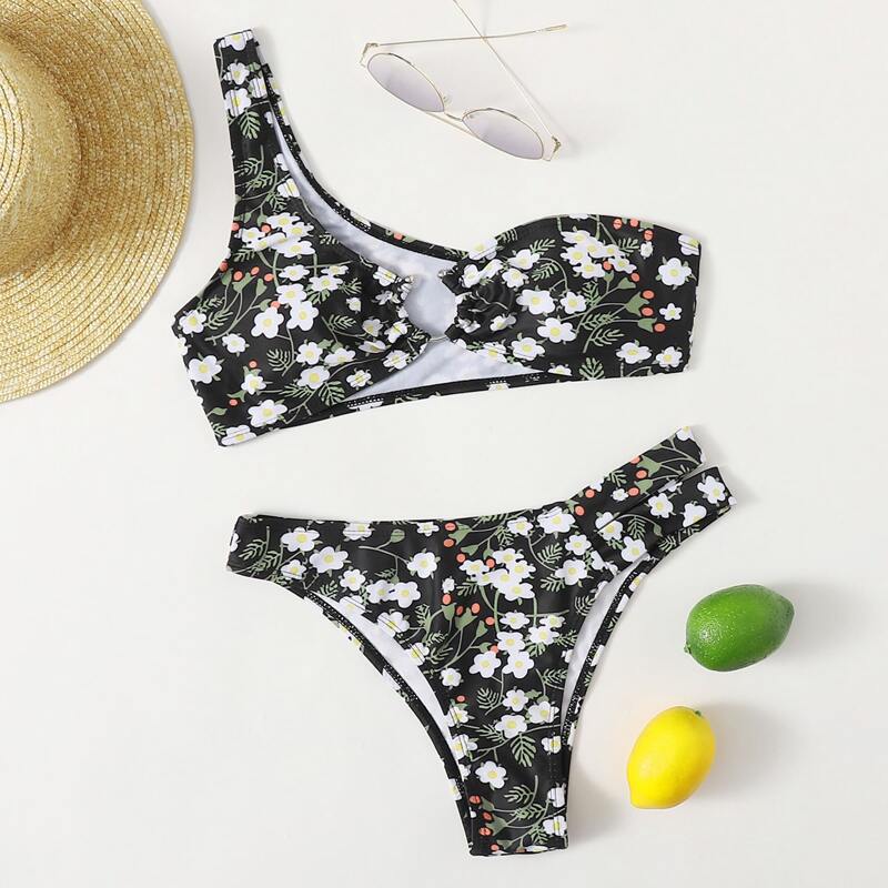 

One Shoulder Floral Bikini Swimsuit, Multicolor