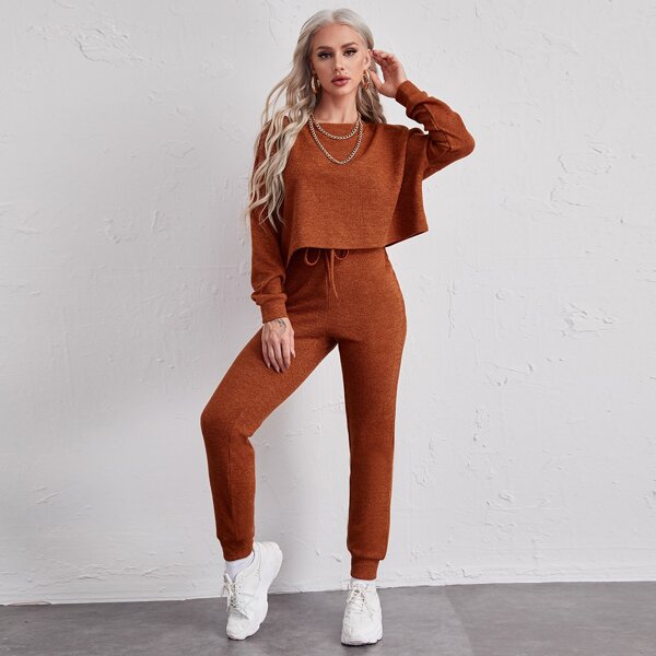 

Drop Shoulder Top & Knot Waist Pants Set, Rust brown