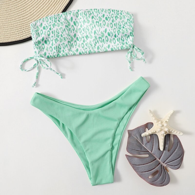 

Allover Print High Cut Bikini Swimsuit, Mint green