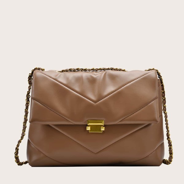 

Metal Lock Chevron Chain Shoulder Bag, Khaki
