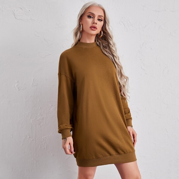 

Drop Shoulder Solid Sweatshirt Dress, Brown