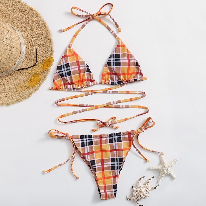 

Plaid Criss Cross Tie Side Bikini Swimsuit, Multicolor