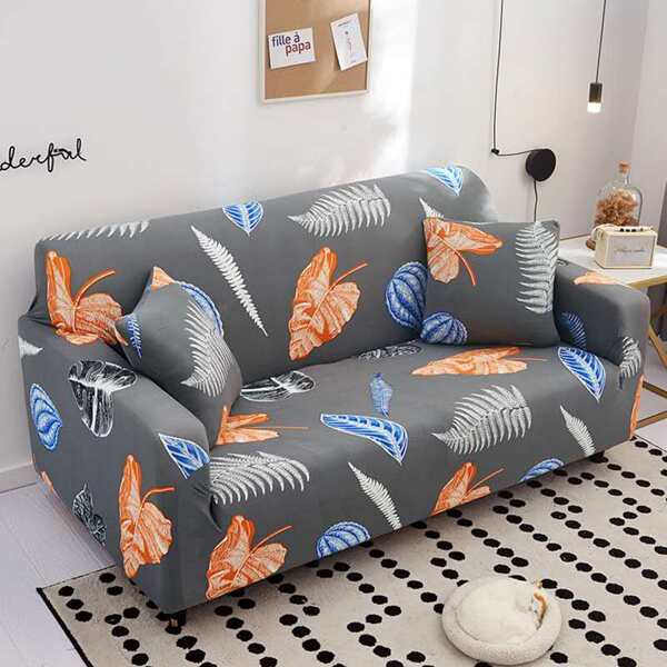 

Leaf Print Sofa Cover & 1pc Cushion Cover Without Filler, Multicolor