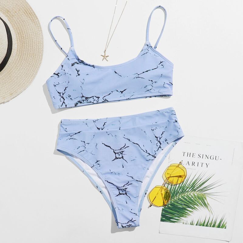 

Marble Print High Waist Bikini Swimsuit, Baby blue