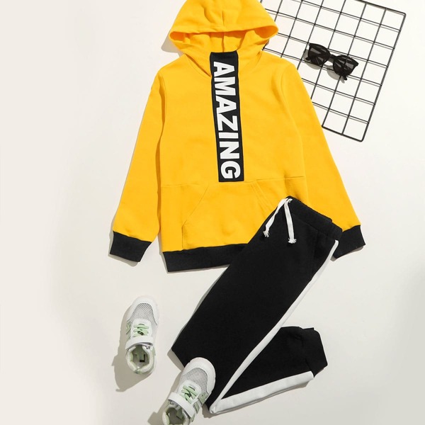 

Boys Letter Graphic Colorblock Hoodie & Contrast Sideseam Joggers Set, Multicolor