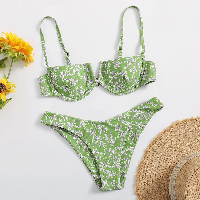

Ditsy Floral V Wired Push Up Bikini Swimsuit, Green