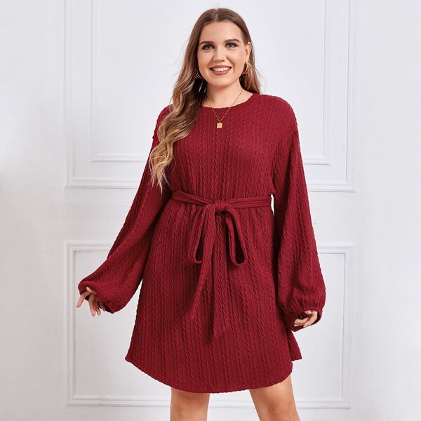 

Plus Lantern Sleeve Belted Dress, Burgundy