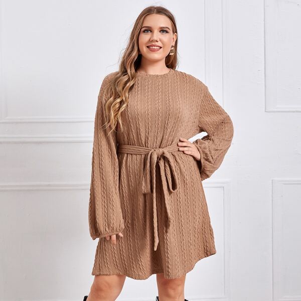 

Plus Lantern Sleeve Belted Dress, Apricot