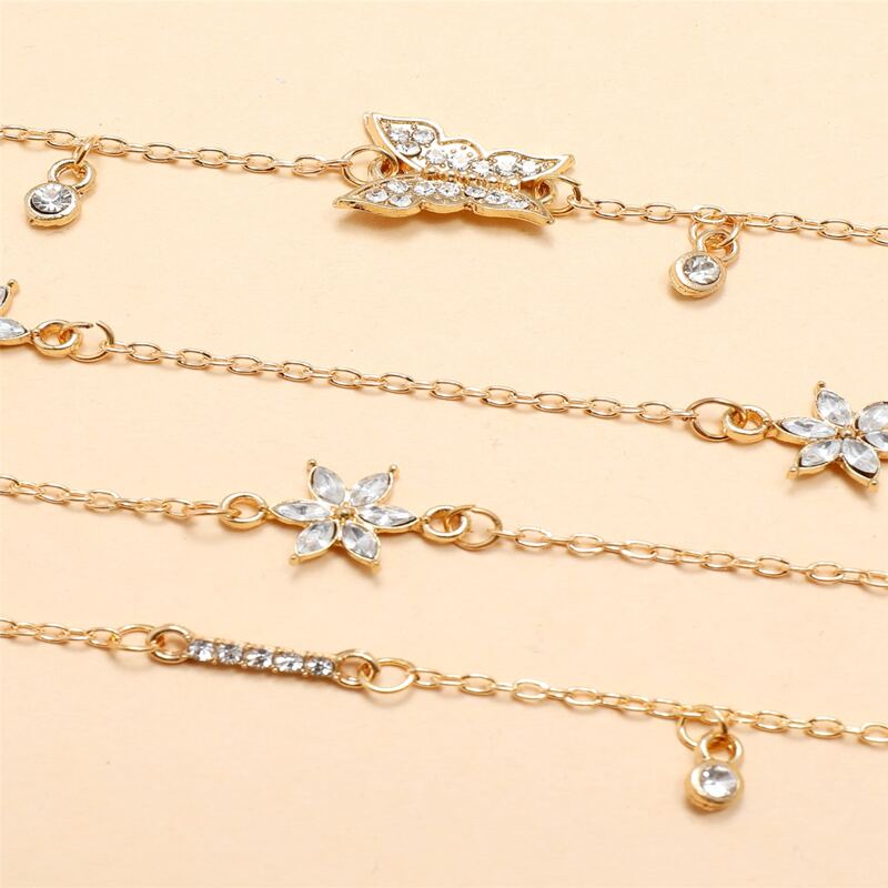 

4pcs Rhinestone Butterfly Chain Bracelet, Gold