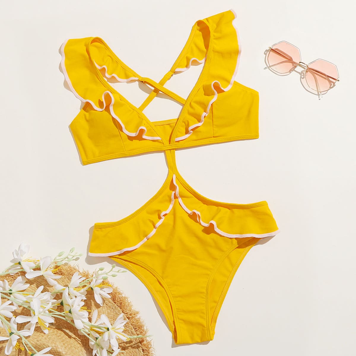 

Ruffle Cut Out One Piece Swimsuit, Yellow