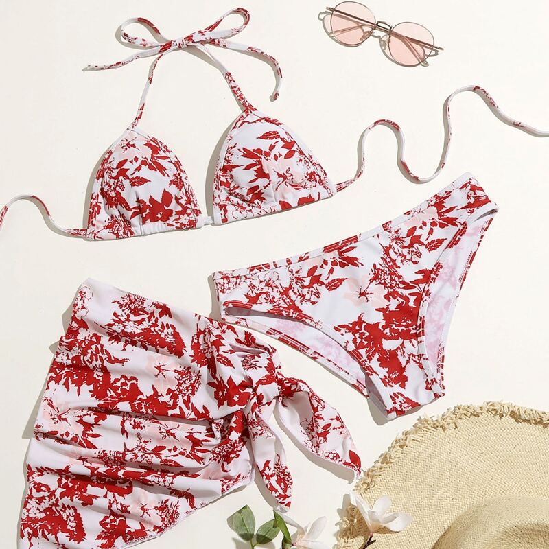 

3pack Allover Print Triangle Bikini Swimsuit, Multicolor