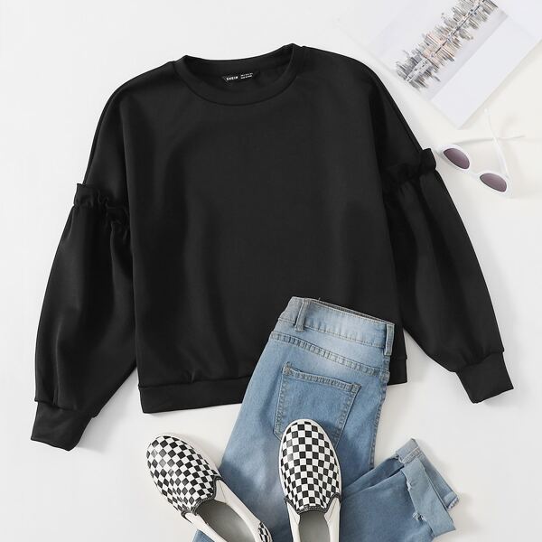 

Frill Trim Solid Pullover, Black