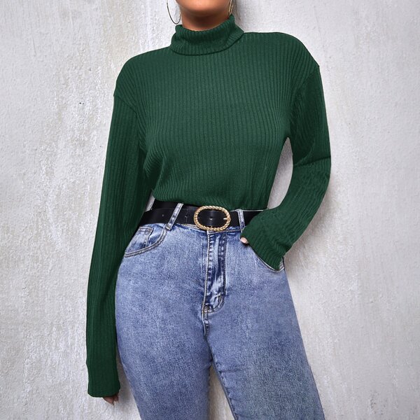 

Funnel Neck Drop Shoulder Rib-knit Tee, Dark green