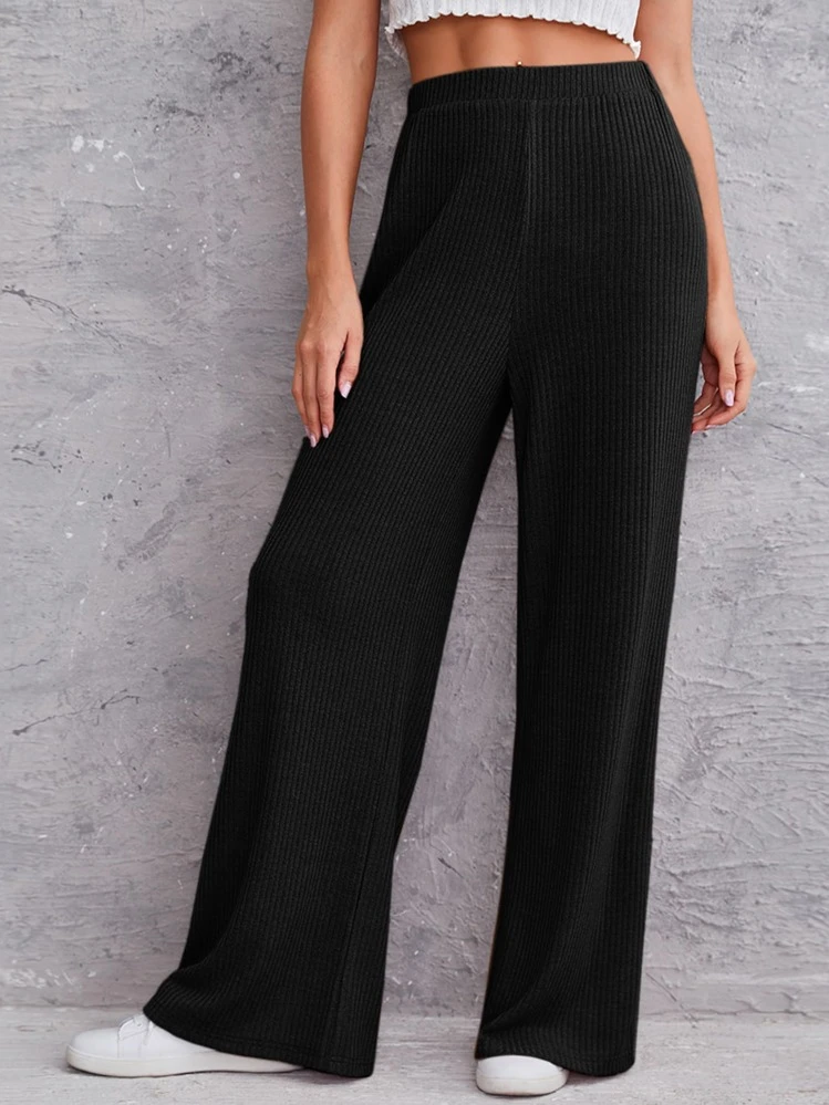 Muchica Solid Rib-knit Wide Leg Pants | SHEIN USA