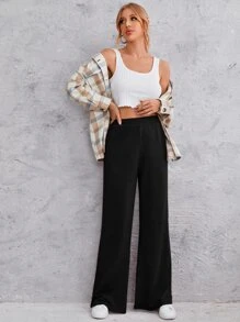 Muchica Pantalones de pierna ancha tejidos de canalé unicolor