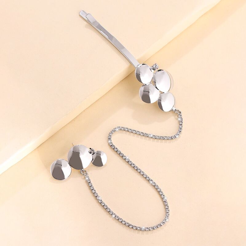 

1pc Earring Linked Rhinestone Disc Hair Clip, Silver