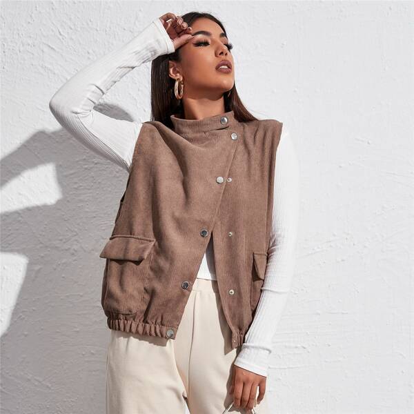 

Press Button Flap Pocket Cord Vest Jacket, Mocha brown