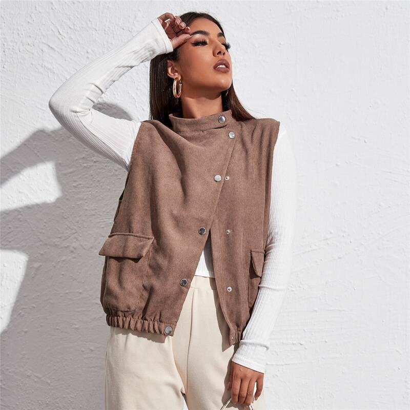

Press Button Flap Pocket Cord Vest Jacket, Mocha brown