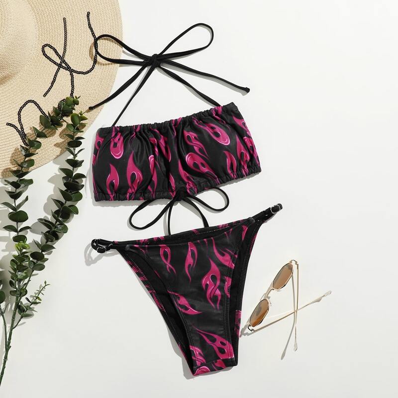 

Fire Print High Cut Bikini Swimsuit, Multicolor