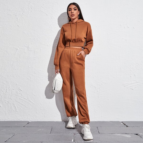 

Drop Shoulder Drawstring Hoodie & Joggers Set, Burnt orange