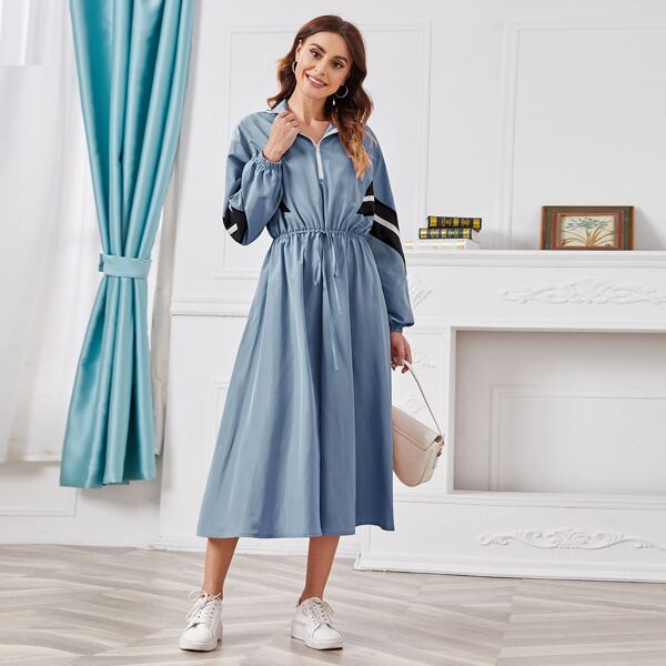 

Chevron Tape Drawstring Waist Windbreaker Dress, Dusty blue
