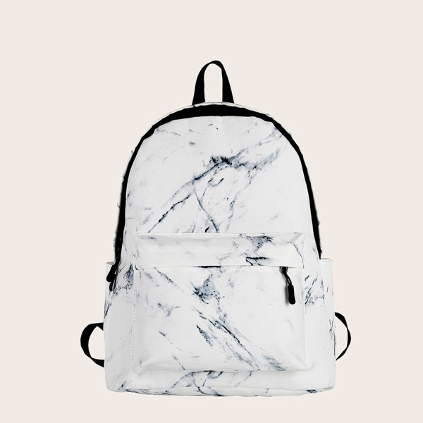 

Marble Pattern Zip Front Backpack, White