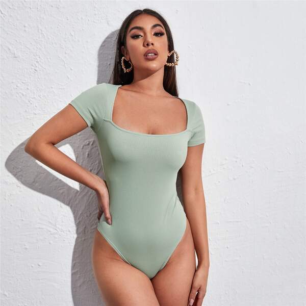 

Square Neck Skinny Tee Bodysuit, Pastel mint green