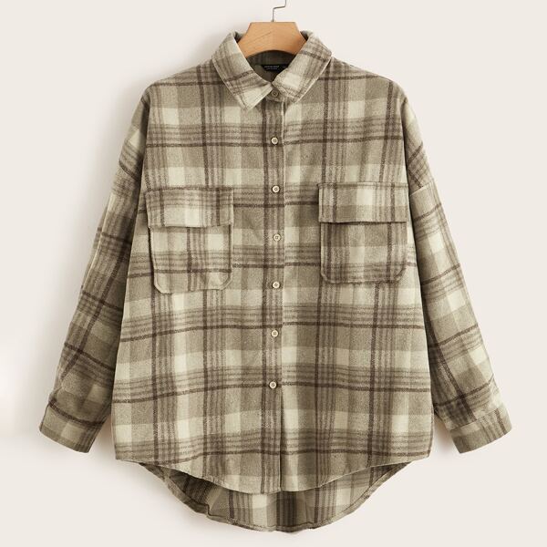 

Plus Plaid Flap Pocket High Low Jacket, Khaki