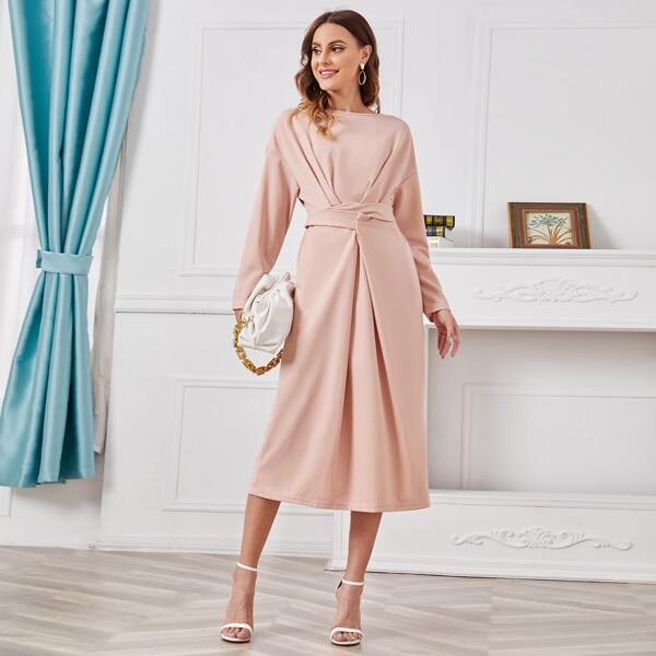 

Drop Shoulder Fold Wrap Belted Dress, Pastel baby pink
