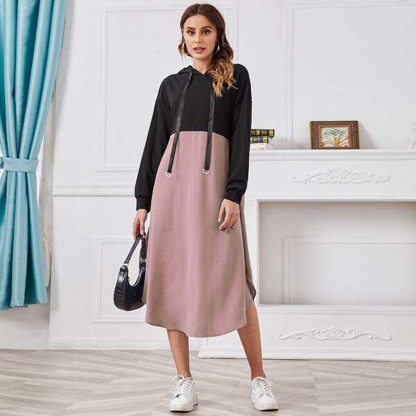 

Two Tone Split Curved Hem Drawstring Hoodie Dress, Multicolor
