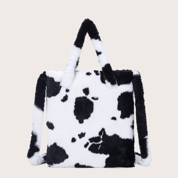 

Cow Pattern Fluffy Tote Bag, Black and white